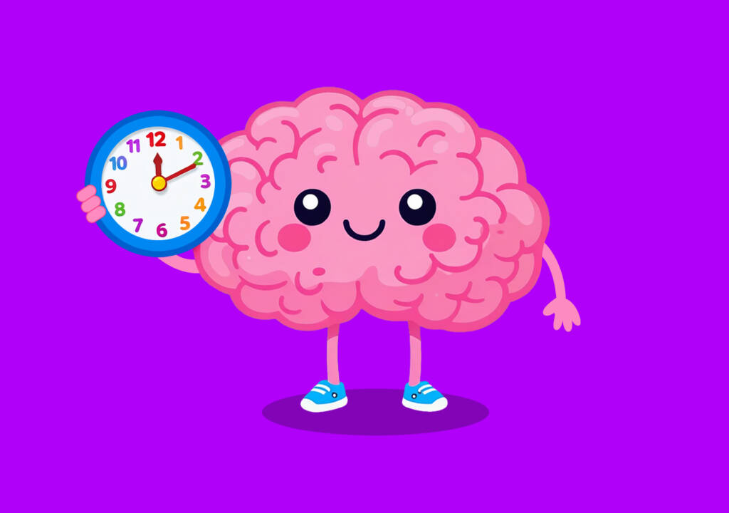 Noggin, a friendly cartoon brain character with arms and legs, holding a clock.