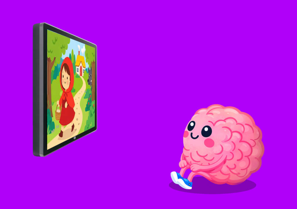 Noggin, a friendly cartoon brain character with arms and legs, watching a cartoon on the TV.