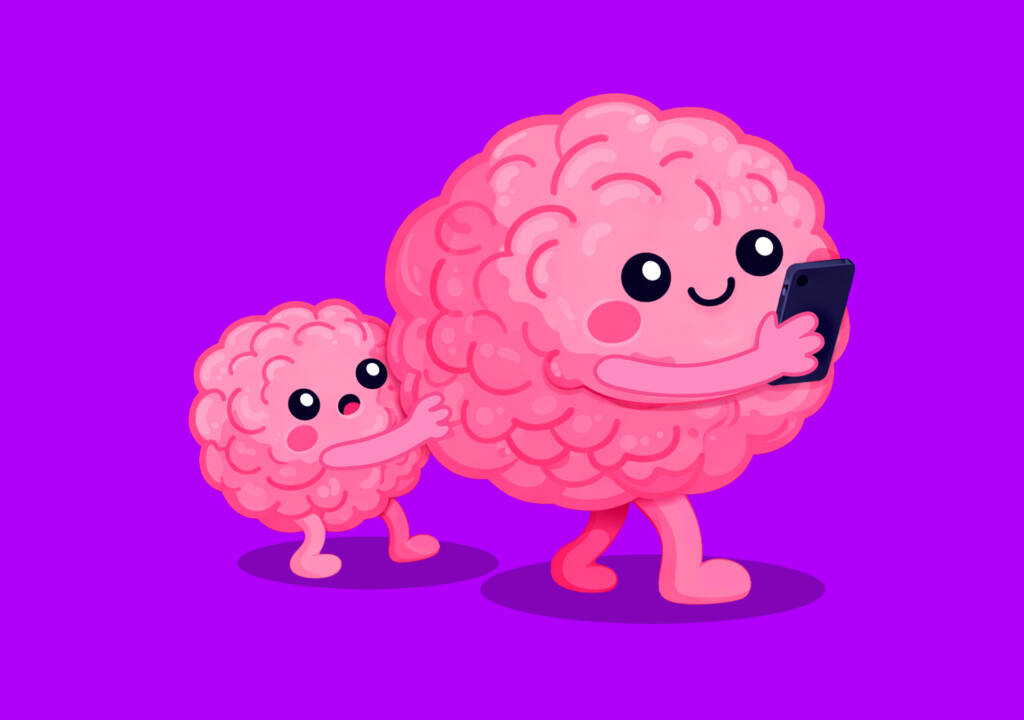 Noggin, a friendly cartoon brain character with arms and legs, is trying to get the attention of a parent who is too engrossed in their phone to notice.