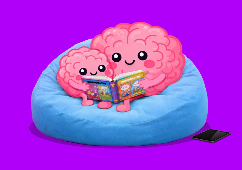 Noggin, a friendly cartoon brain character with arms and legs, is cuddled up on a beanbag with an adult Noggin. They reading a book together.
