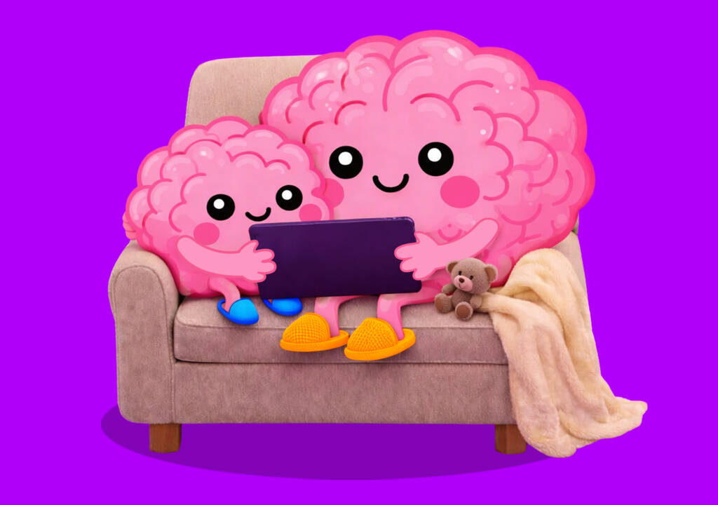 Noggin, a friendly cartoon brain character with arms and legs, is cuddled up on a sofa with an adult Noggin. They looking at an iPad together.