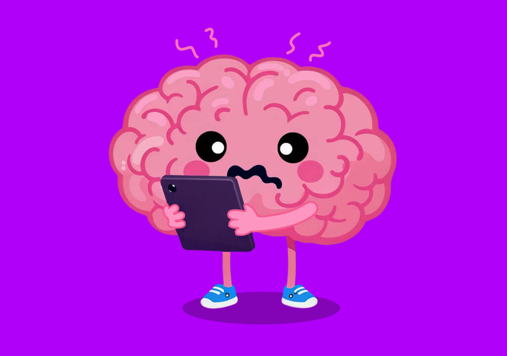 Noggin, a friendly cartoon brain character with arms and legs, is holding an iPad and is visibly frustrated and stressed.
