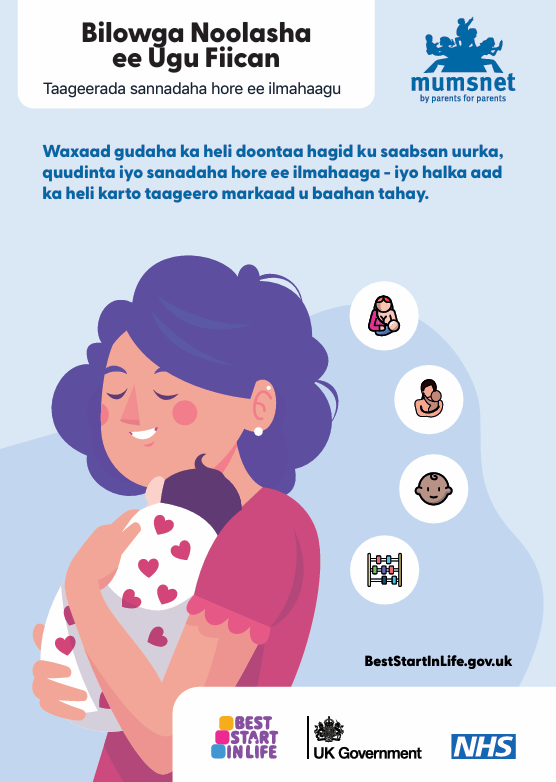 Mum and baby characters on front cover of booklet